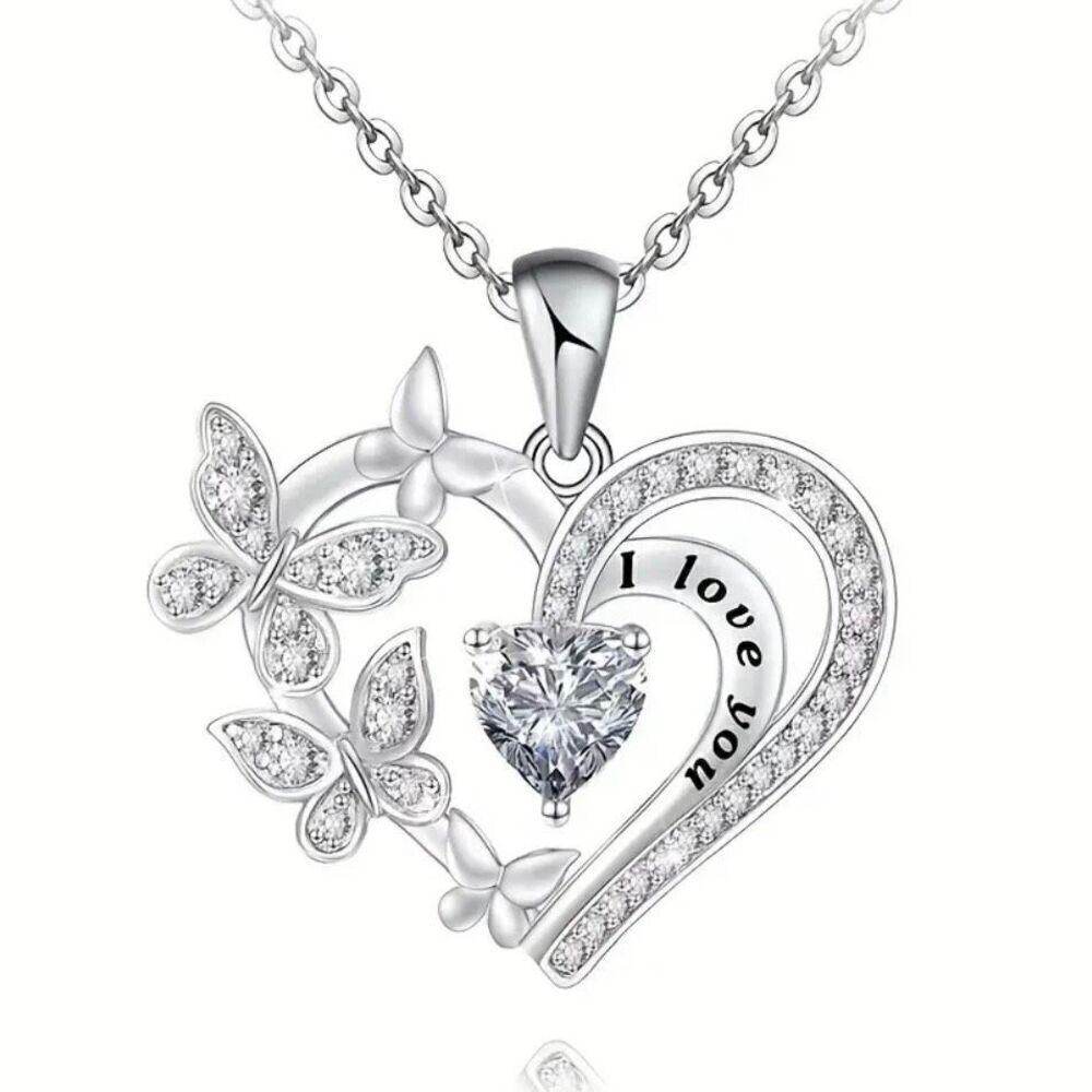 NWT Silver White “I Love You“ Heart Butterflies Bling Bling Rhinestones Necklace